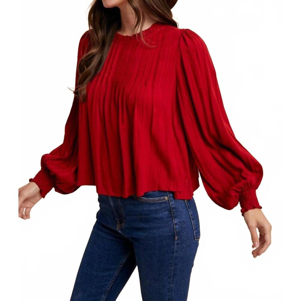 NEW VANILLA MONKEY woven pintuck detail blouse in dark red